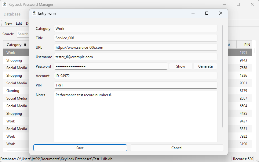 KeyLock Data Entry Screen